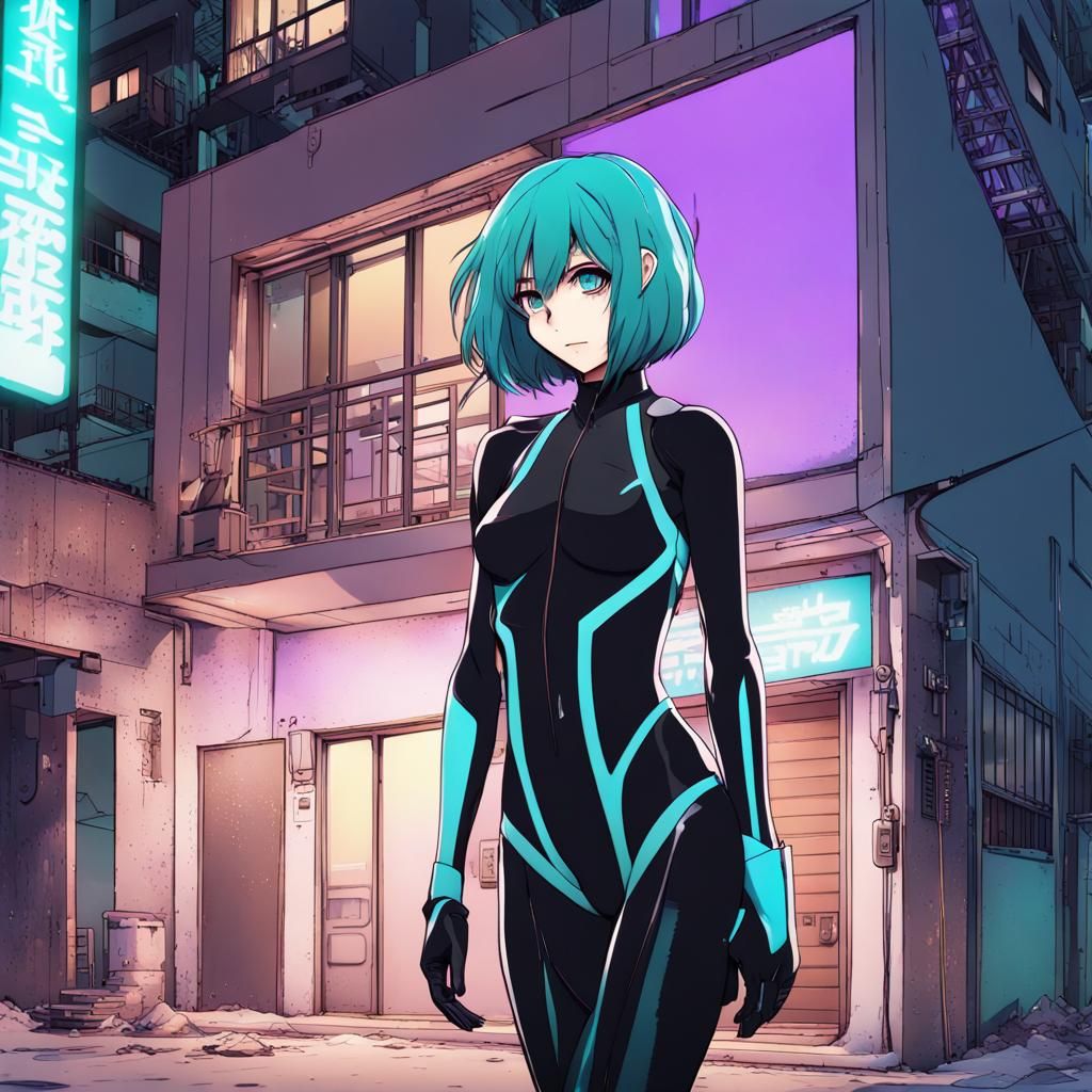 Cyberpunk Woman with Bob Haircut in Anime Style