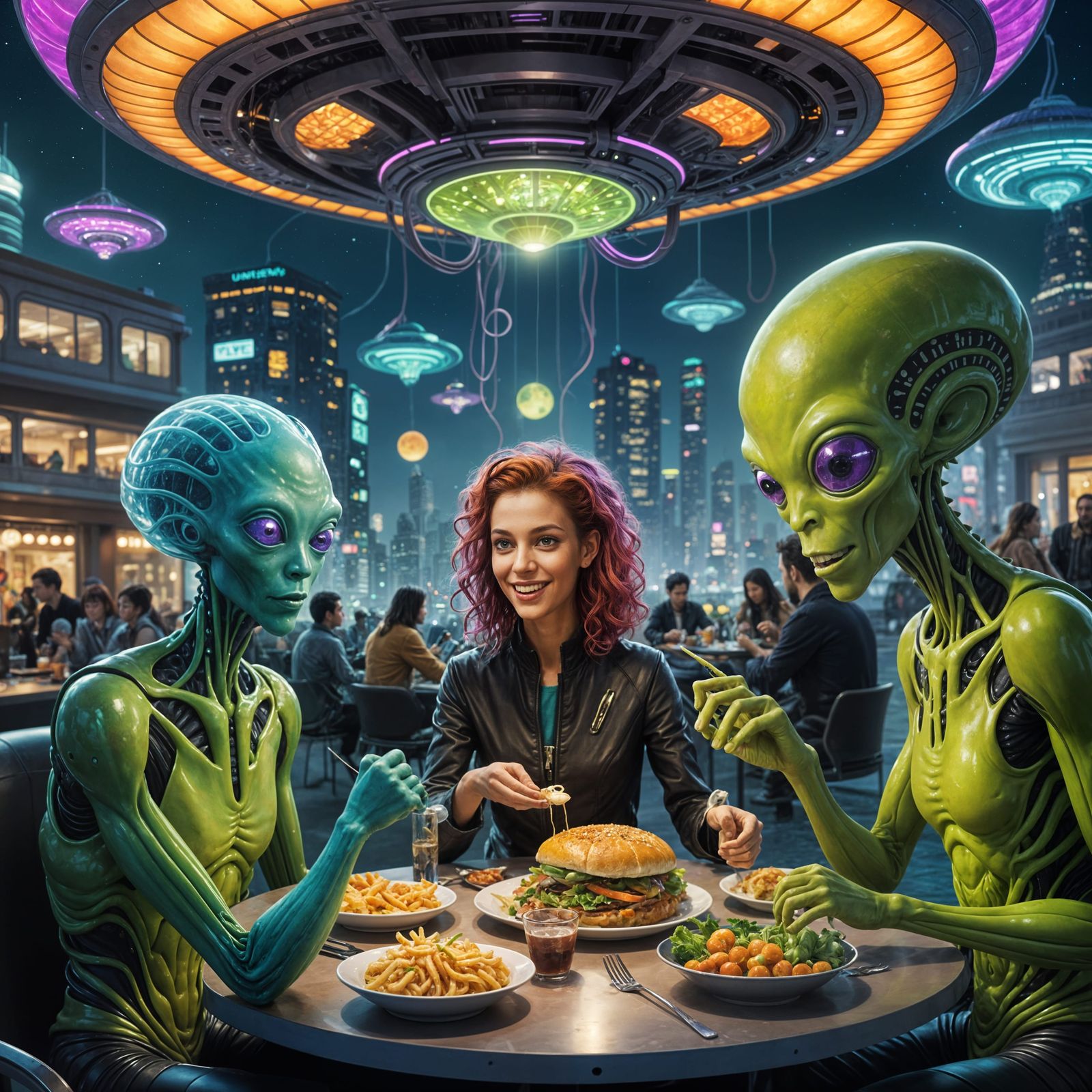 Harmonious Coexistence: Humans and Aliens Sharing a Meal