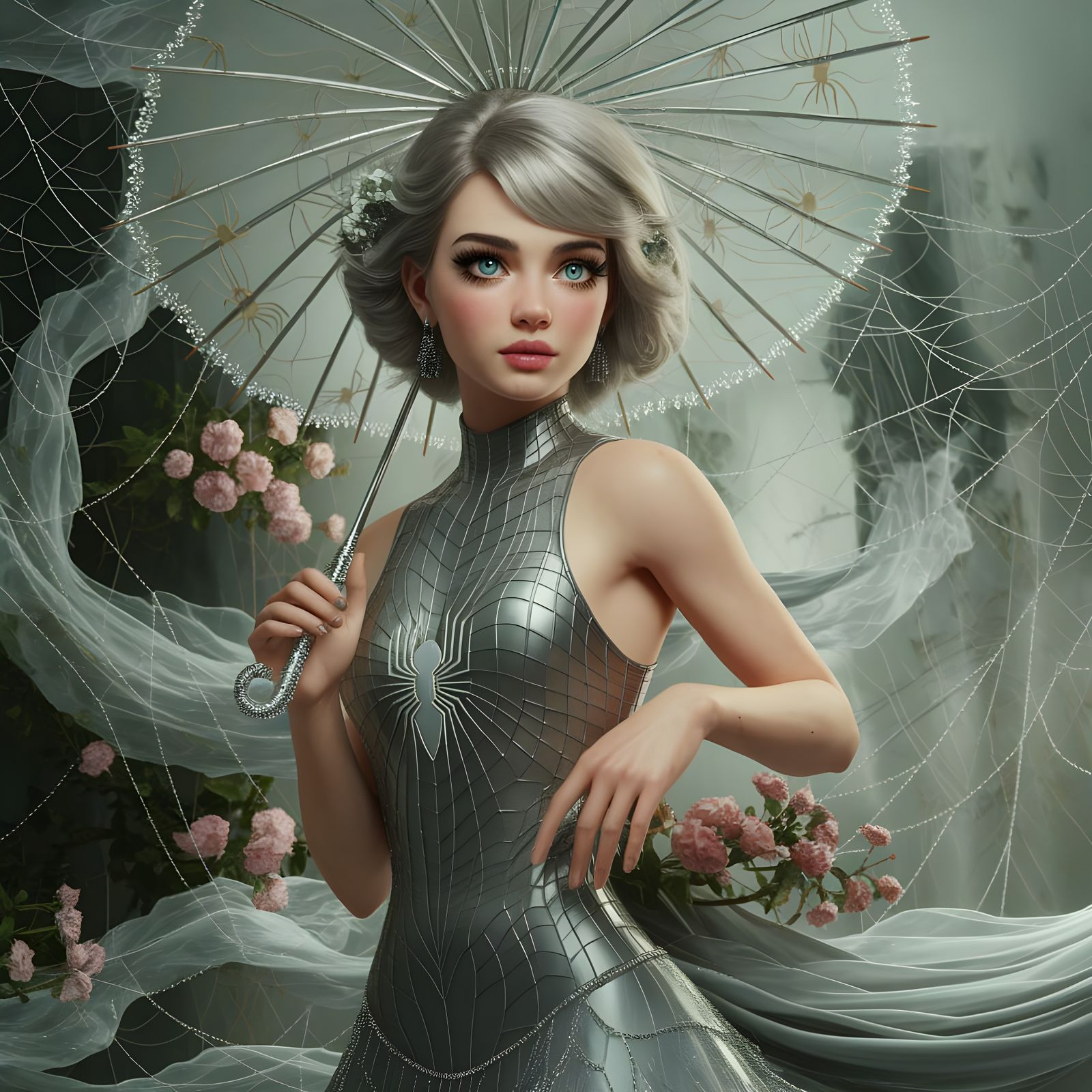 Woman in Shimmering Spider Silk Dress with Web Umbrella