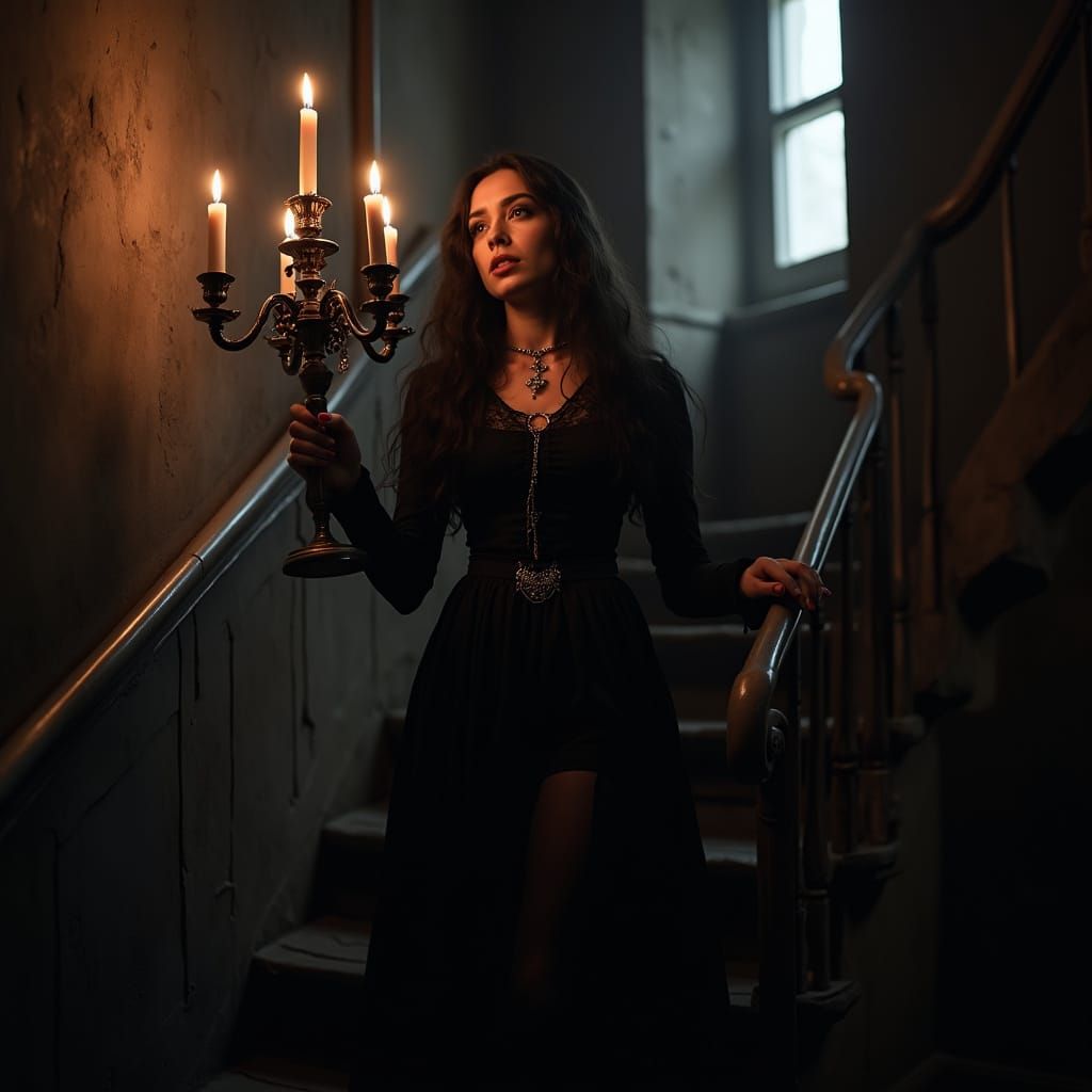 Gothic Woman Descends Castle Stairwell Illuminated by Candel...