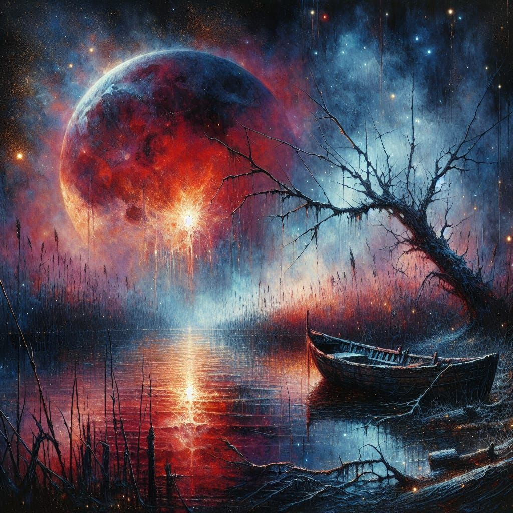 Mythical Desolate Lake at Night in Watercolor