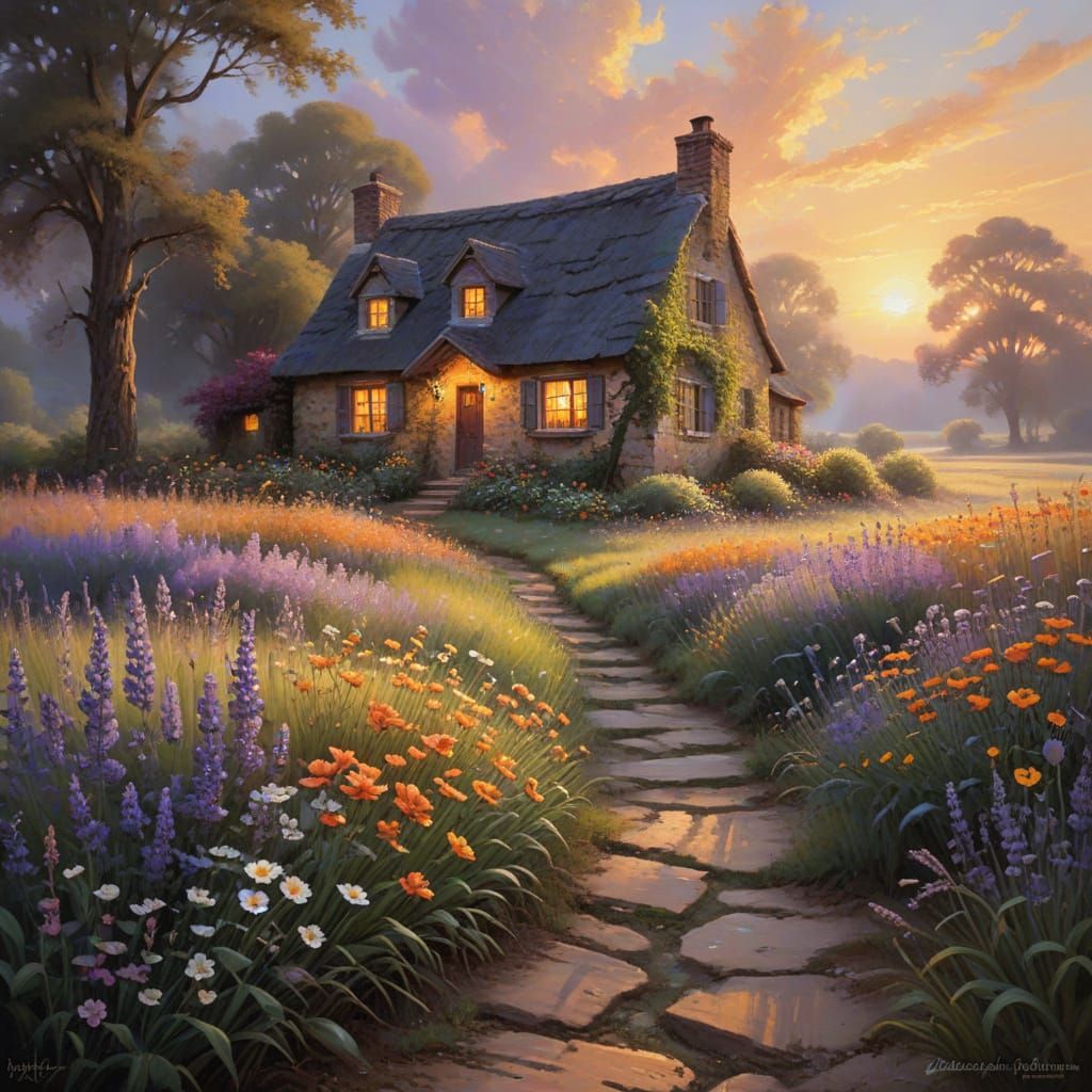 Golden Hour Oil Painting: Wildflowers and Cottage