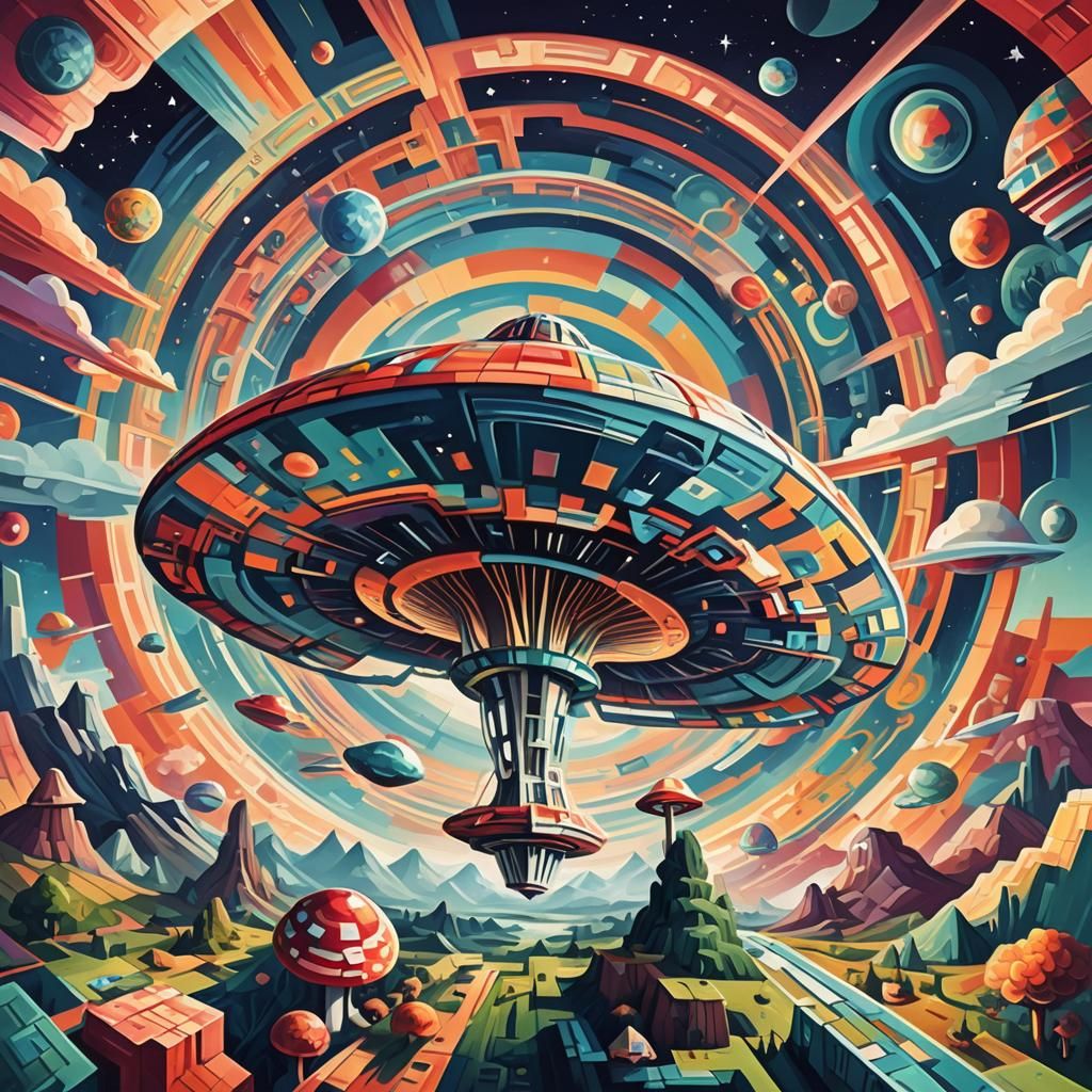 Mushroom UFO over Earth in Cubist Art Deco Style