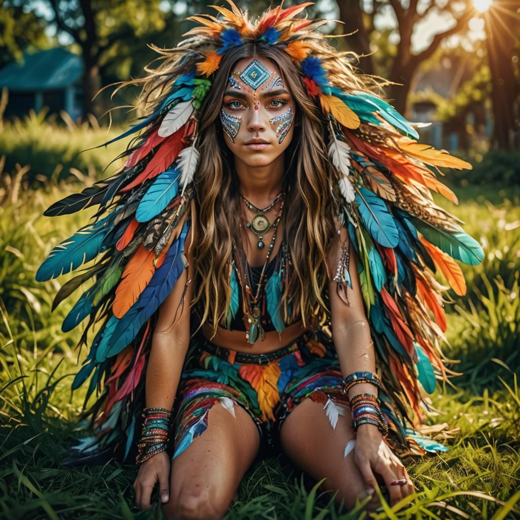 Psychedelic Character Portrait with Feathers and Grass
