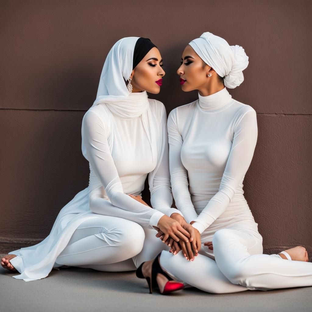 Lesbian Hijabi Women Kissing in Casual Attire