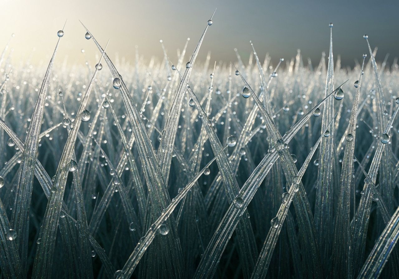 Glass Grass Field with Dewdrops in Surrealist Style