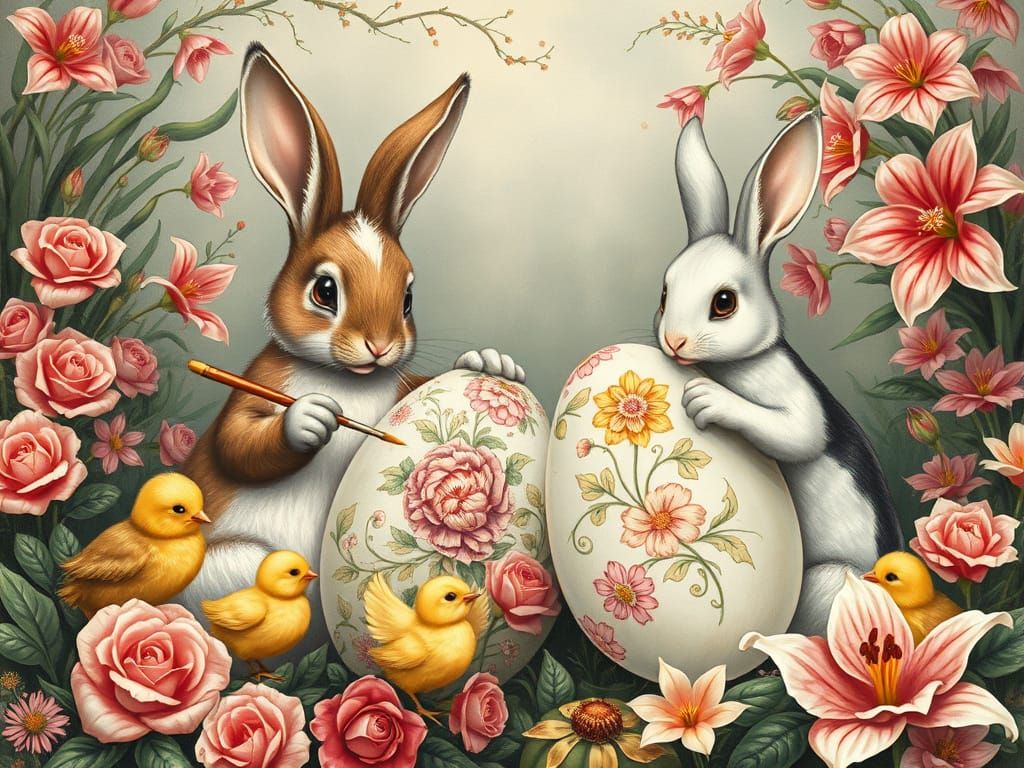 Bunnies and Chicks Painting Easter Eggs: Vintage Fairy Tale