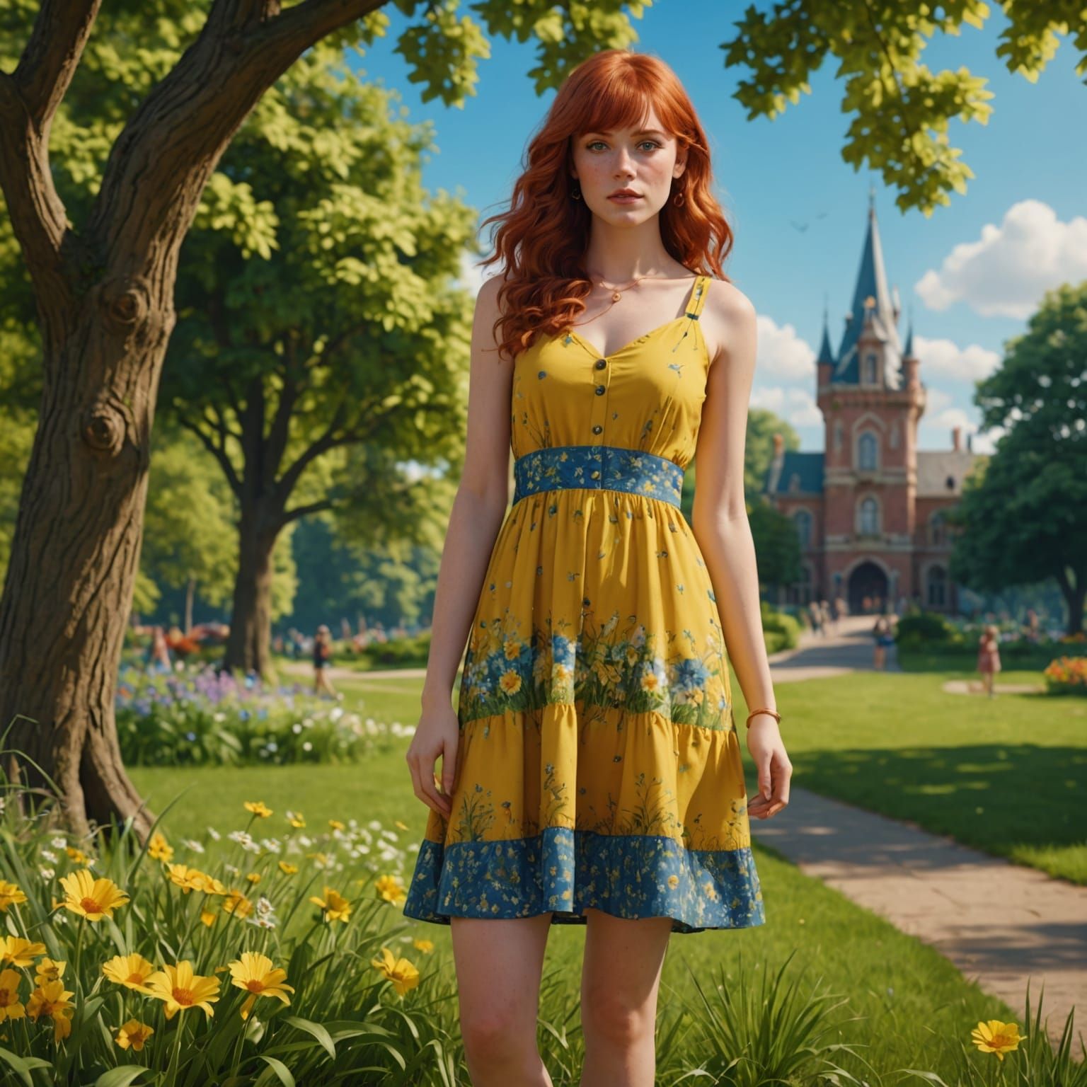 Woman with Red Hair in Park, Matte Painting