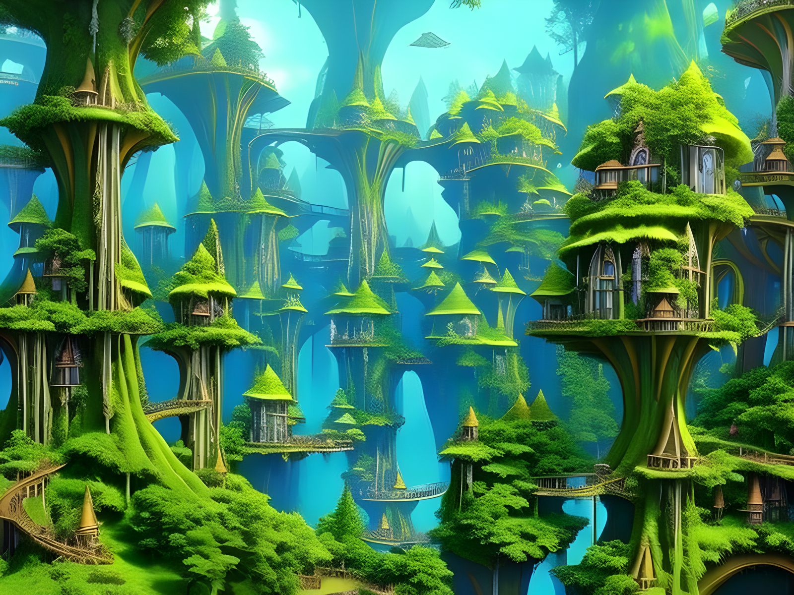 Colorful Elven Tree City in Mystical Woods