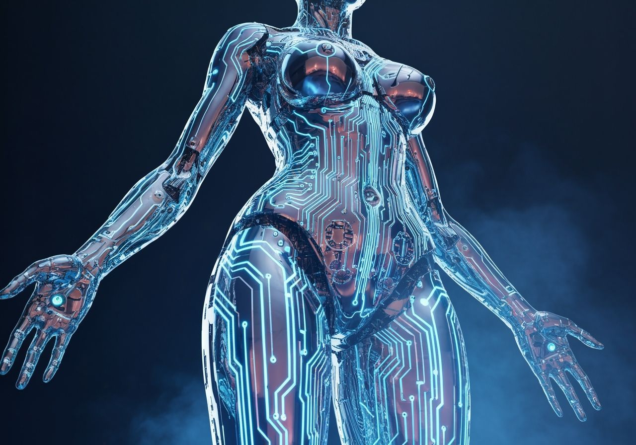 Colossal Chrome Woman with Neon Circuits, 3D Render