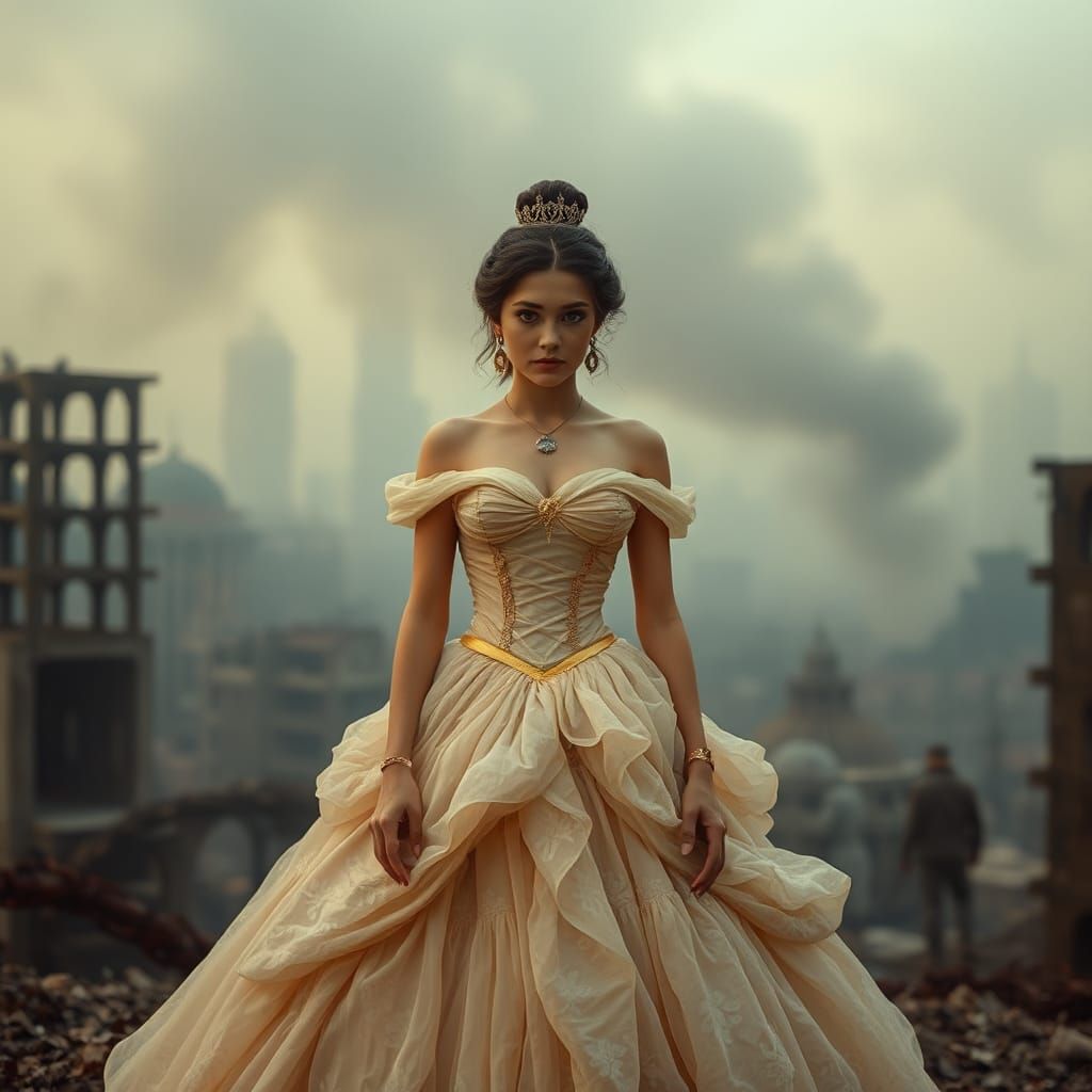 Dystopian Princess in Ruined Cityscape