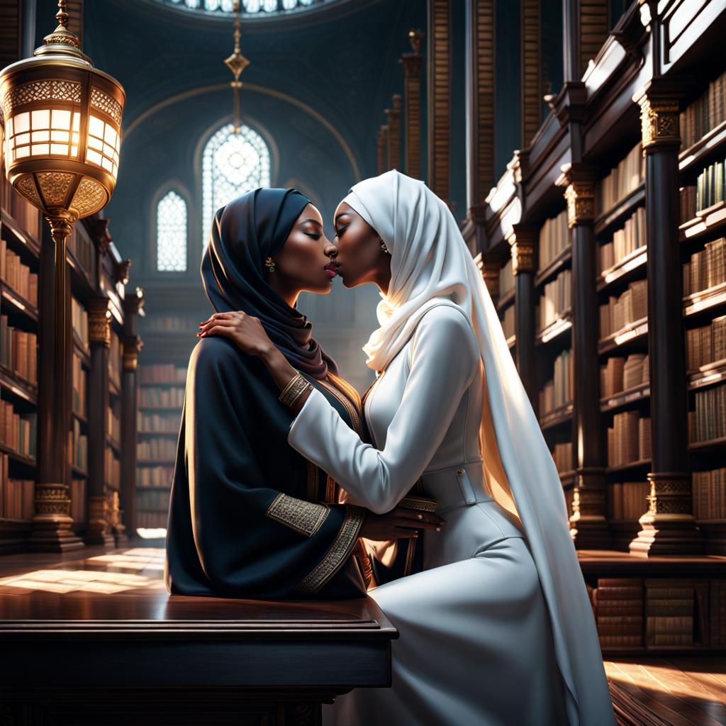 Women Kissing in Library: Detailed Fantasy Concept Art
