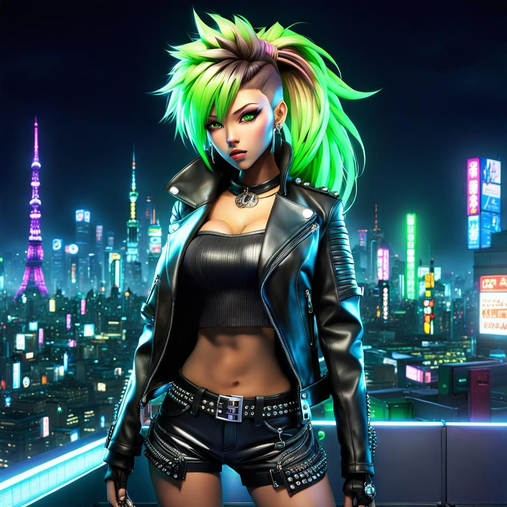 Cyberpunk Gyaru with Mohawk in Anime Style