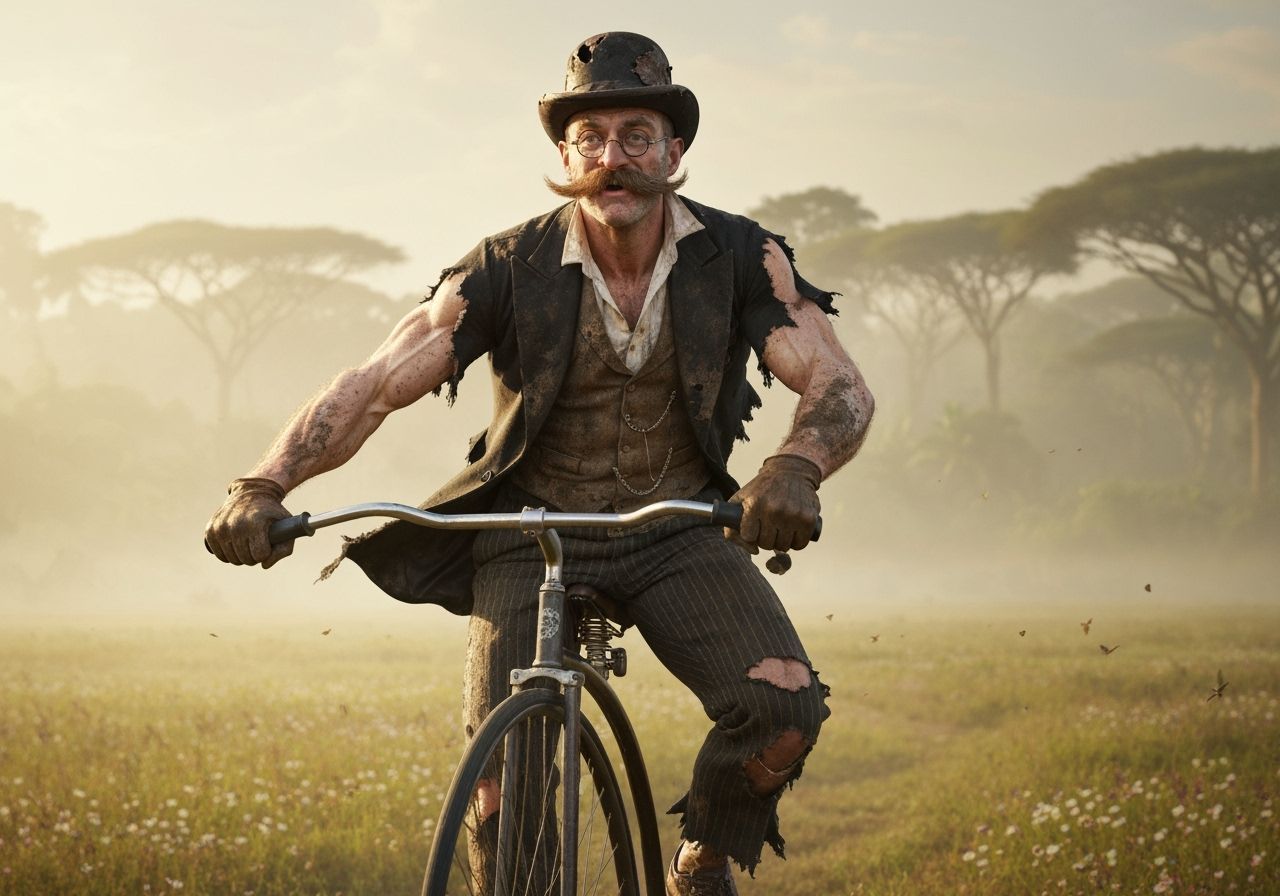 Edwardian Gentleman Rides Penny-Farthing in African Jungle