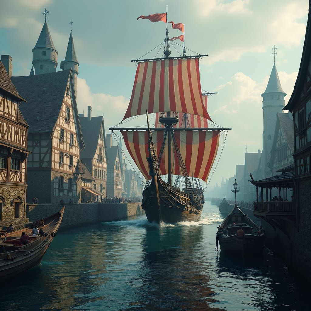 Medieval Longship Enters Bustling Harbor in Hyperrealistic S...