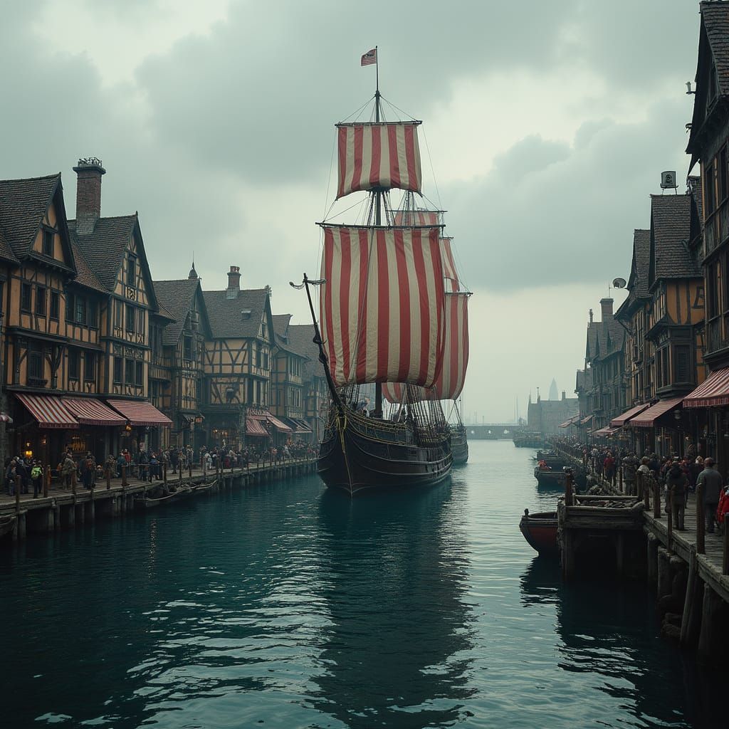 Medieval Longship Enters Bustling Port in Hyperrealistic Det...