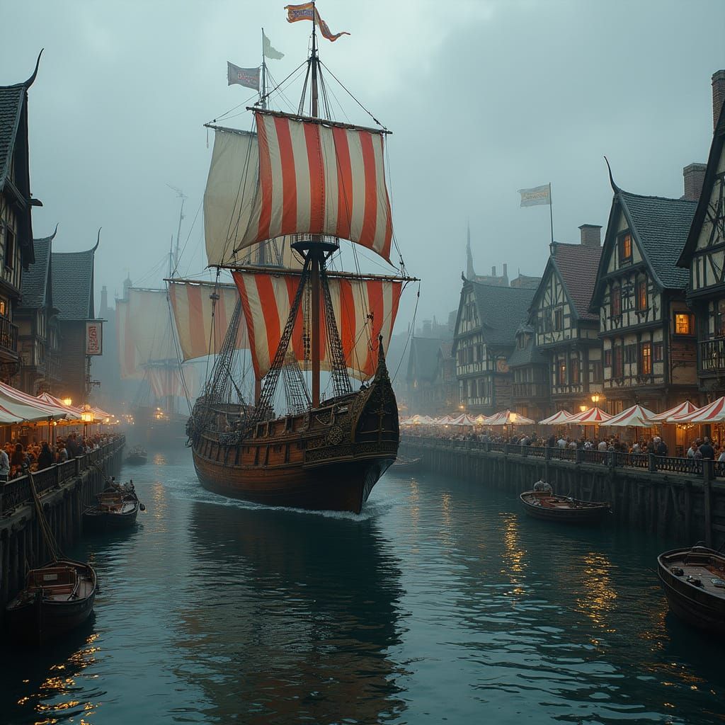 Medieval Longship Enters Bustling Harbor