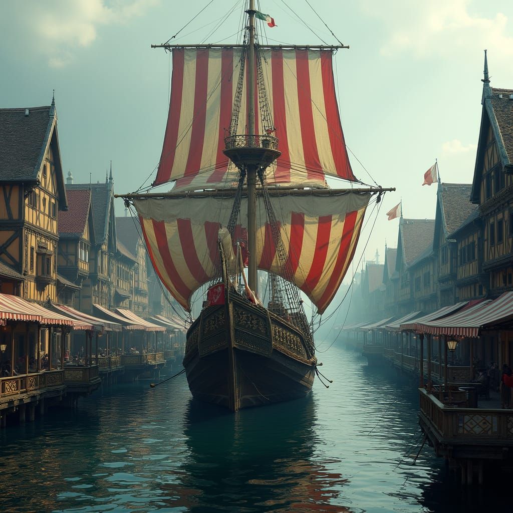 Medieval Longship in Vibrant Harbor Scene