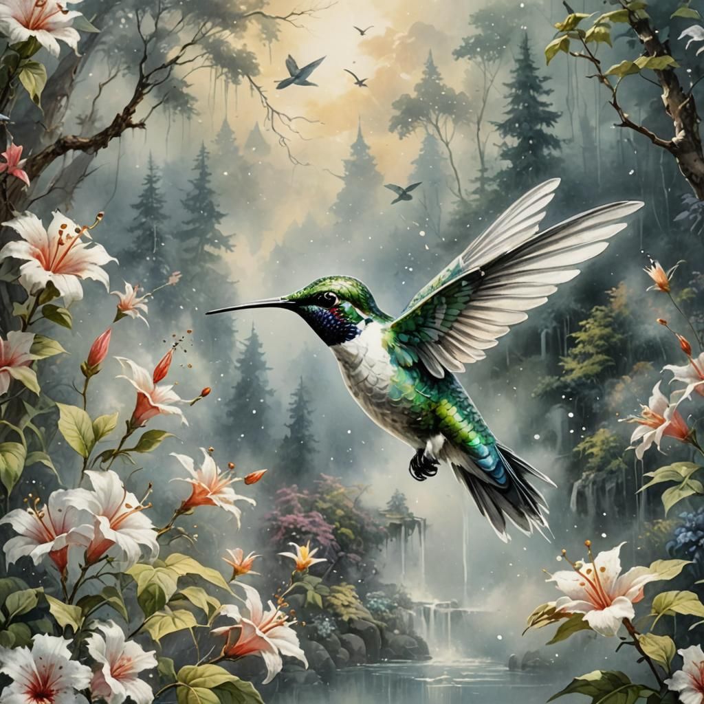 Vintage Hummingbird in Flight: Pen, Ink, and Watercolour