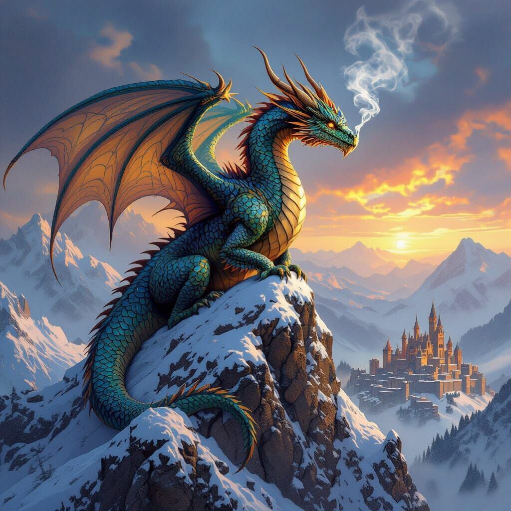 Majestic Dragon Overlooking Kingdom as Dramatic Painting