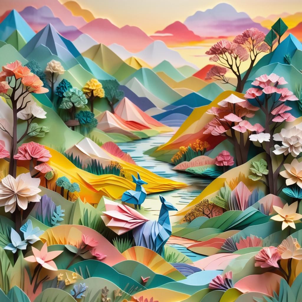 Origami in Watercolour Landscape at Sunset