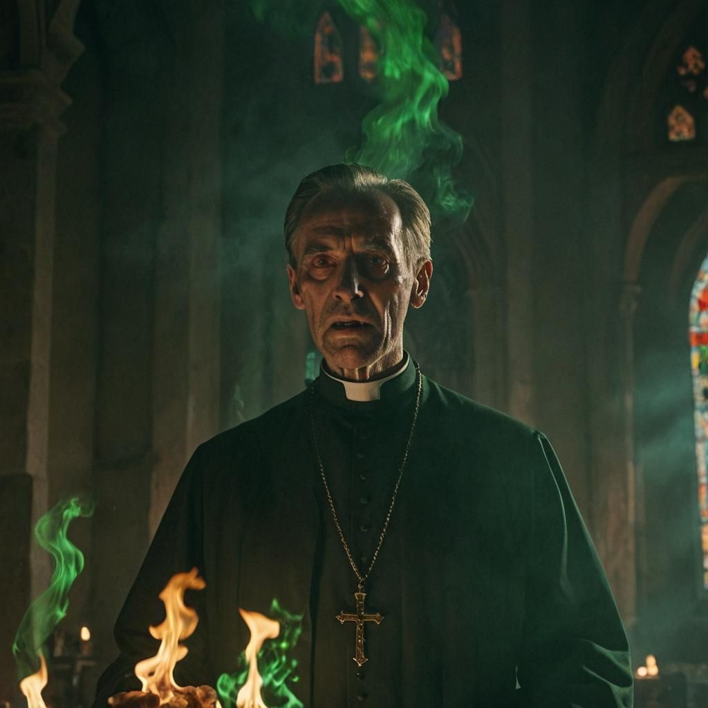 Burning Priest in Abandoned Church: Cinematic Film Still