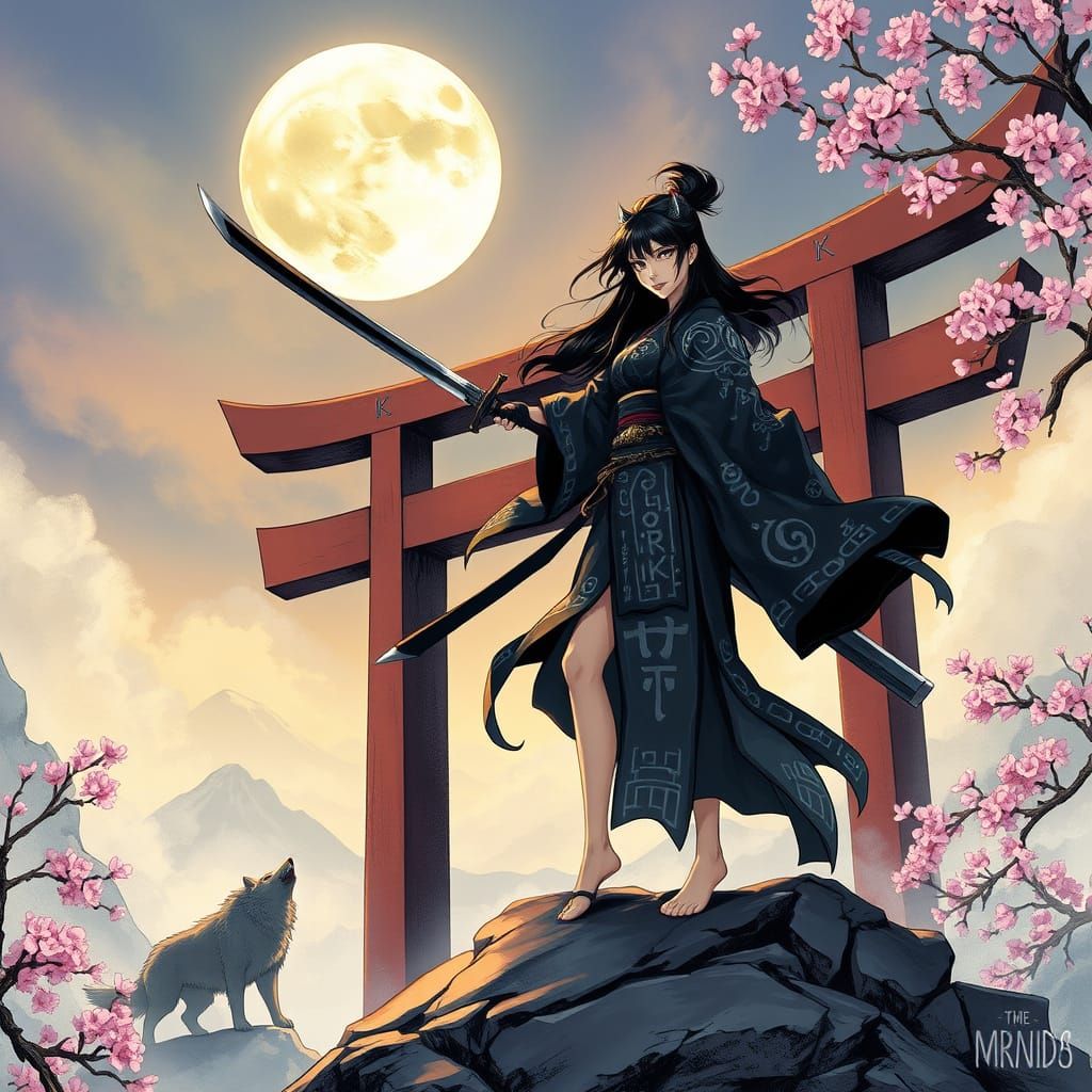 Ronin Sorceress with Spirit Wolves in Dark Fantasy Style