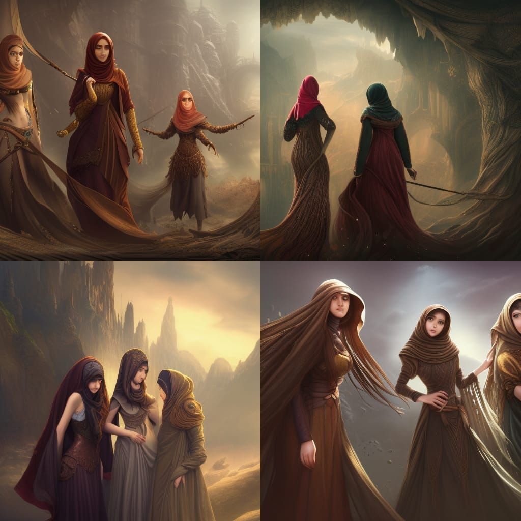 Three Girls Portrait in Detailed Matte Painting Style