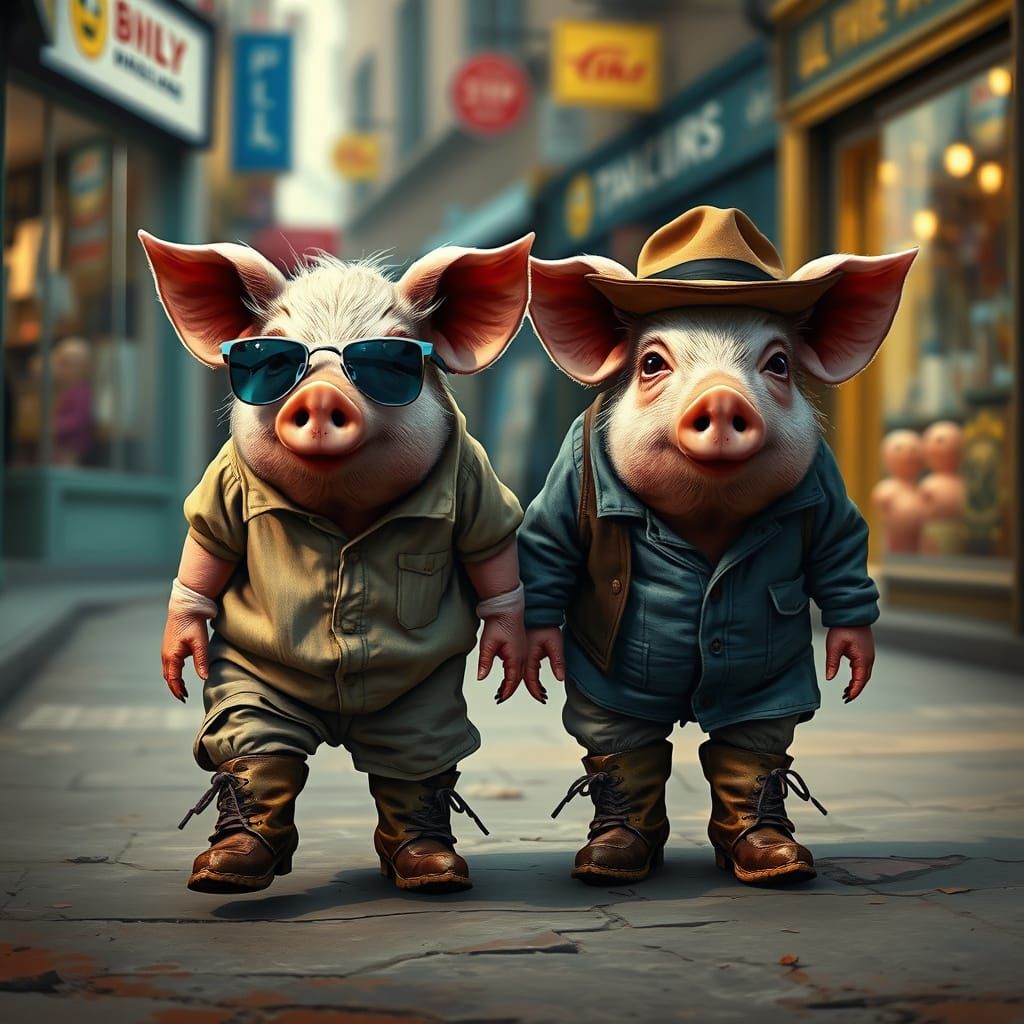 Dreamy Drunk Pigs Walking Down the Street