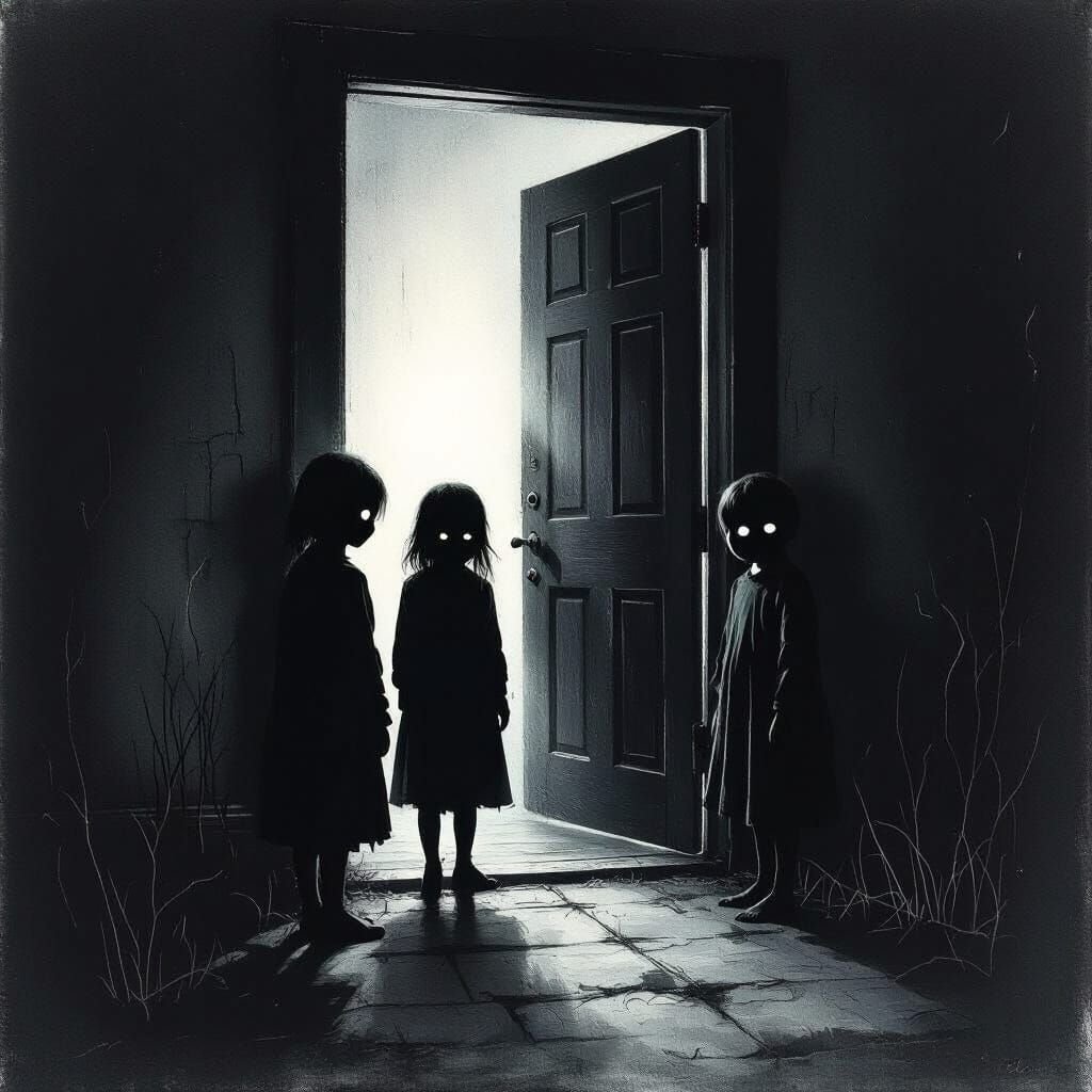 Chilling Black-Eyed Children at Doorway in Dark Horror Style