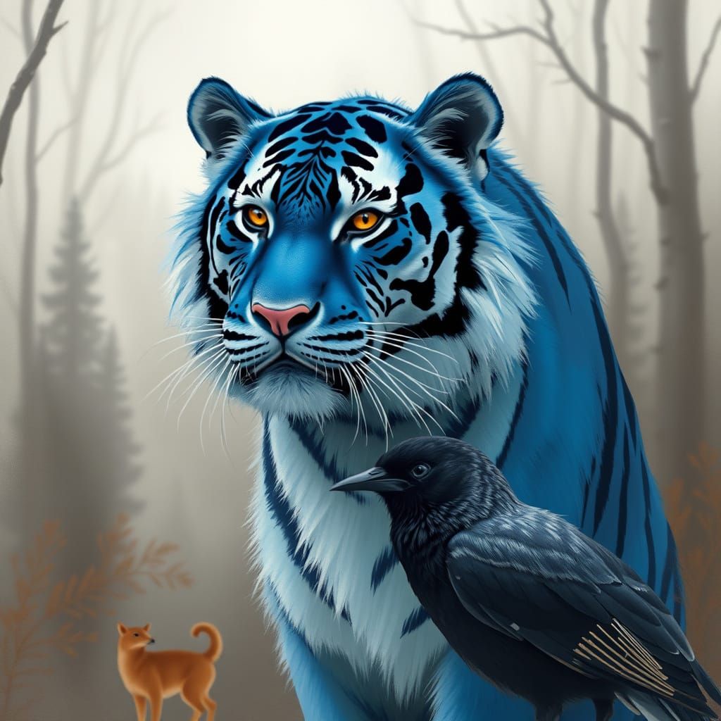Blue Tiger and Magpie in Earthy Tones