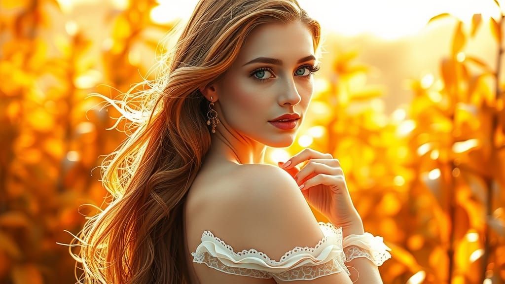 Autumn Woman in Ethereal Origami Landscape