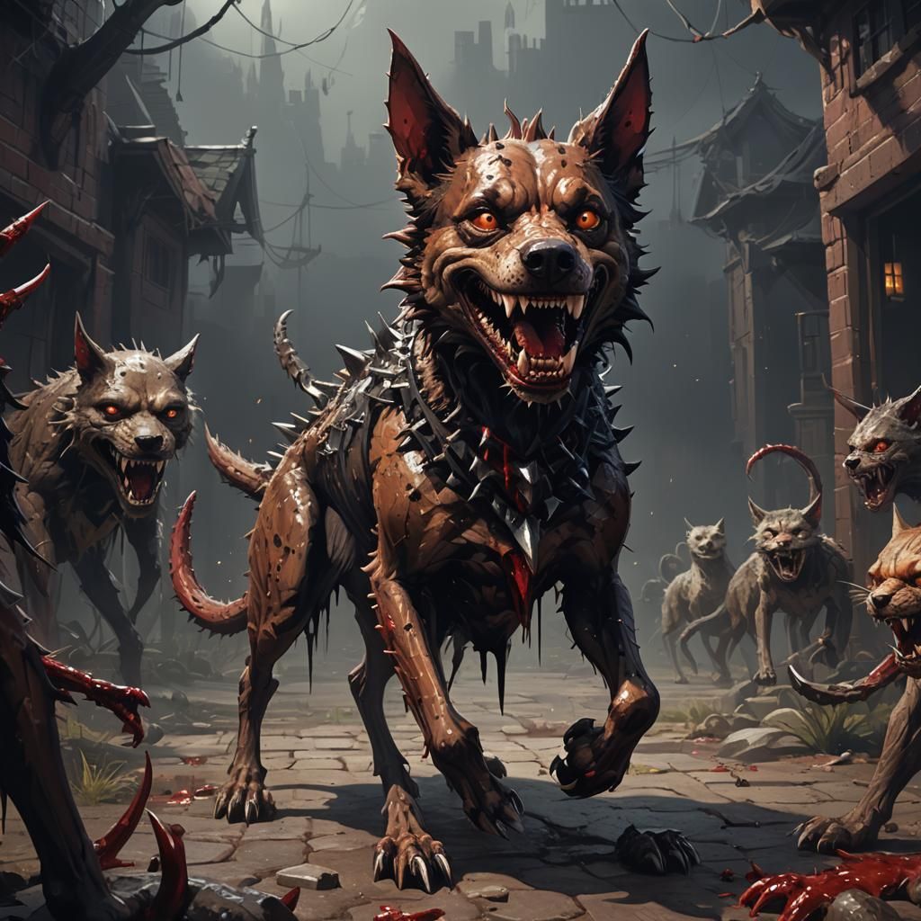 Creepy Pixel Dog with Bloody Smile, Dark Fantasy Art