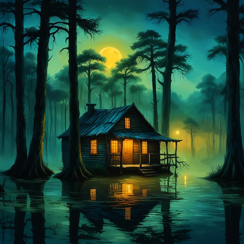 Louisiana Swamp Cabin at Night with Will-o'-the-Wisp