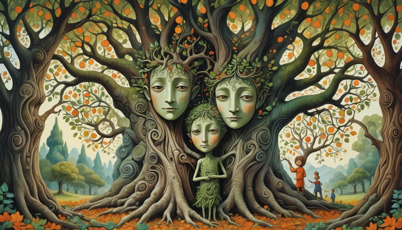 Enchanting Surrealist Trees Embrace Child Under Aurora