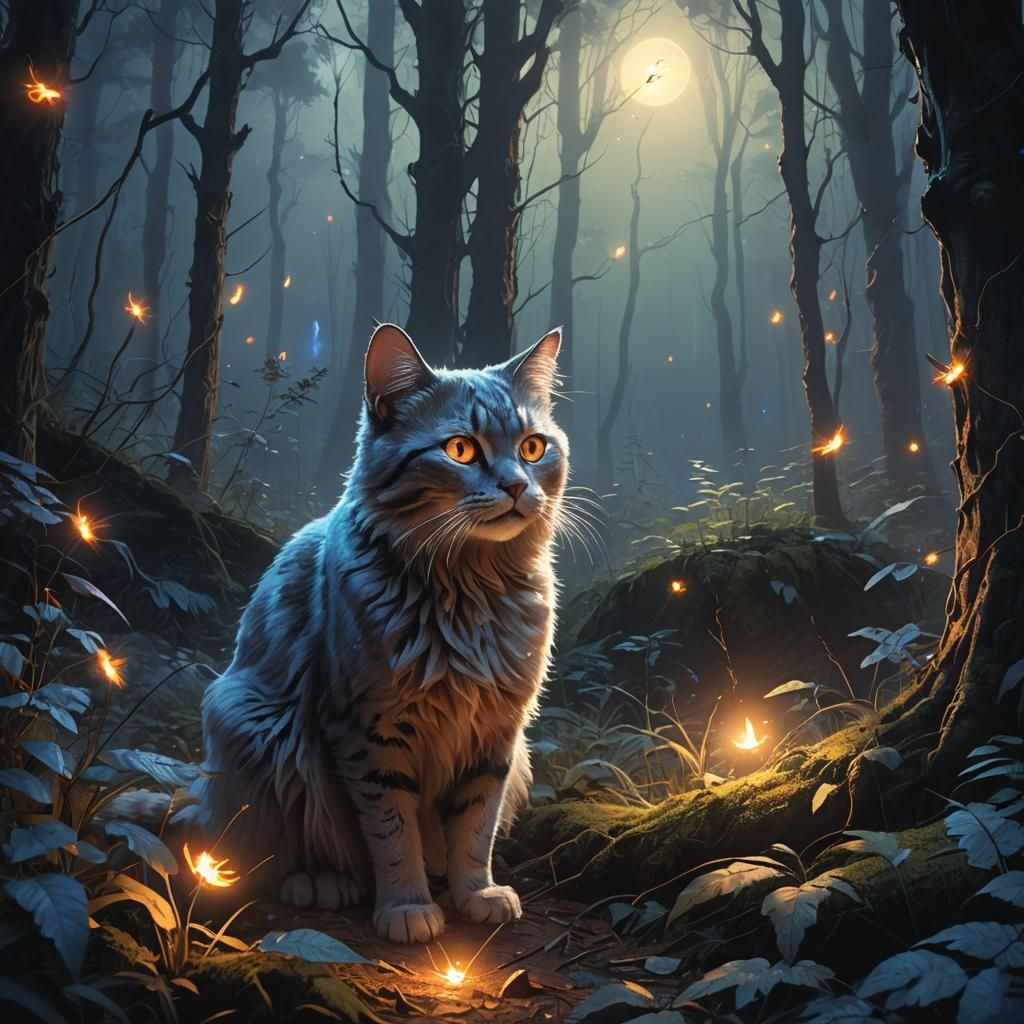 Ethereal Cat Ghost in Mystical Forest Art