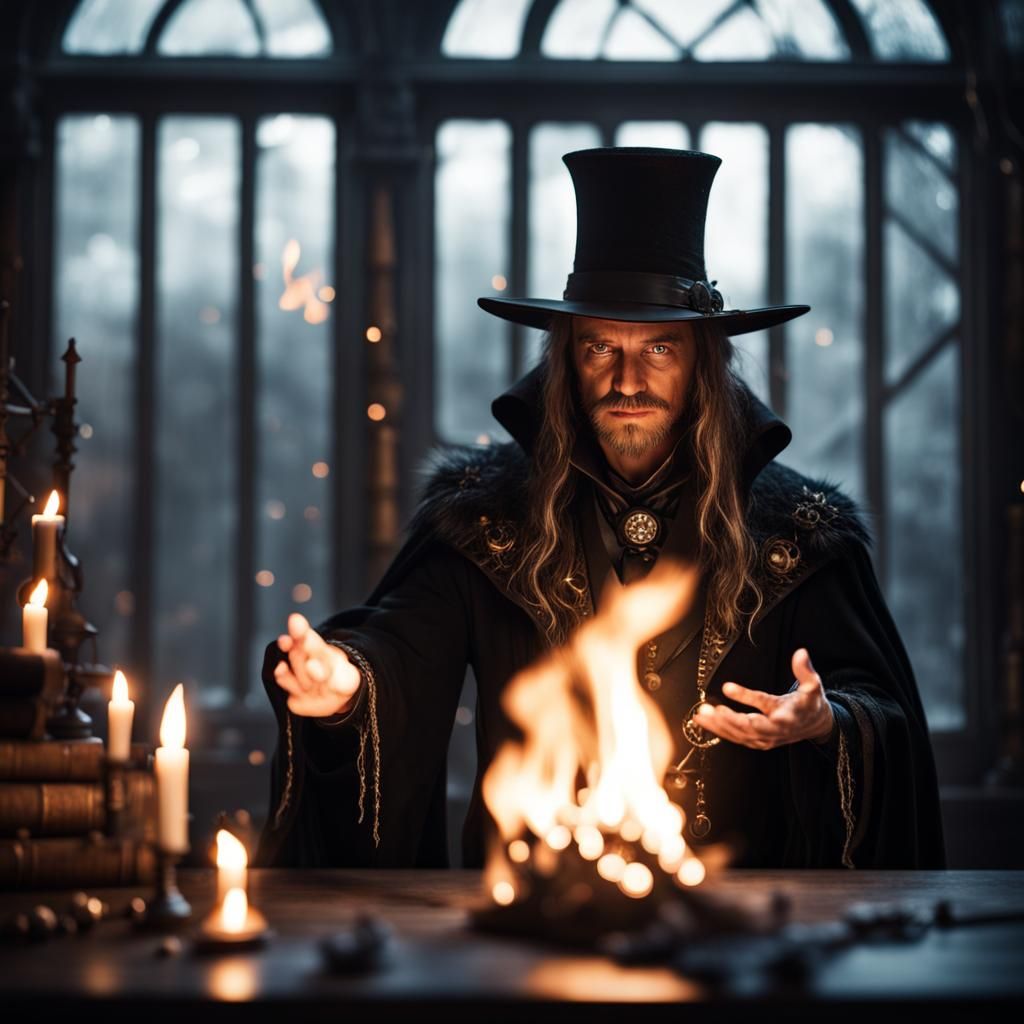 Sorcerer Casting Spell in Dark Steampunk Environment