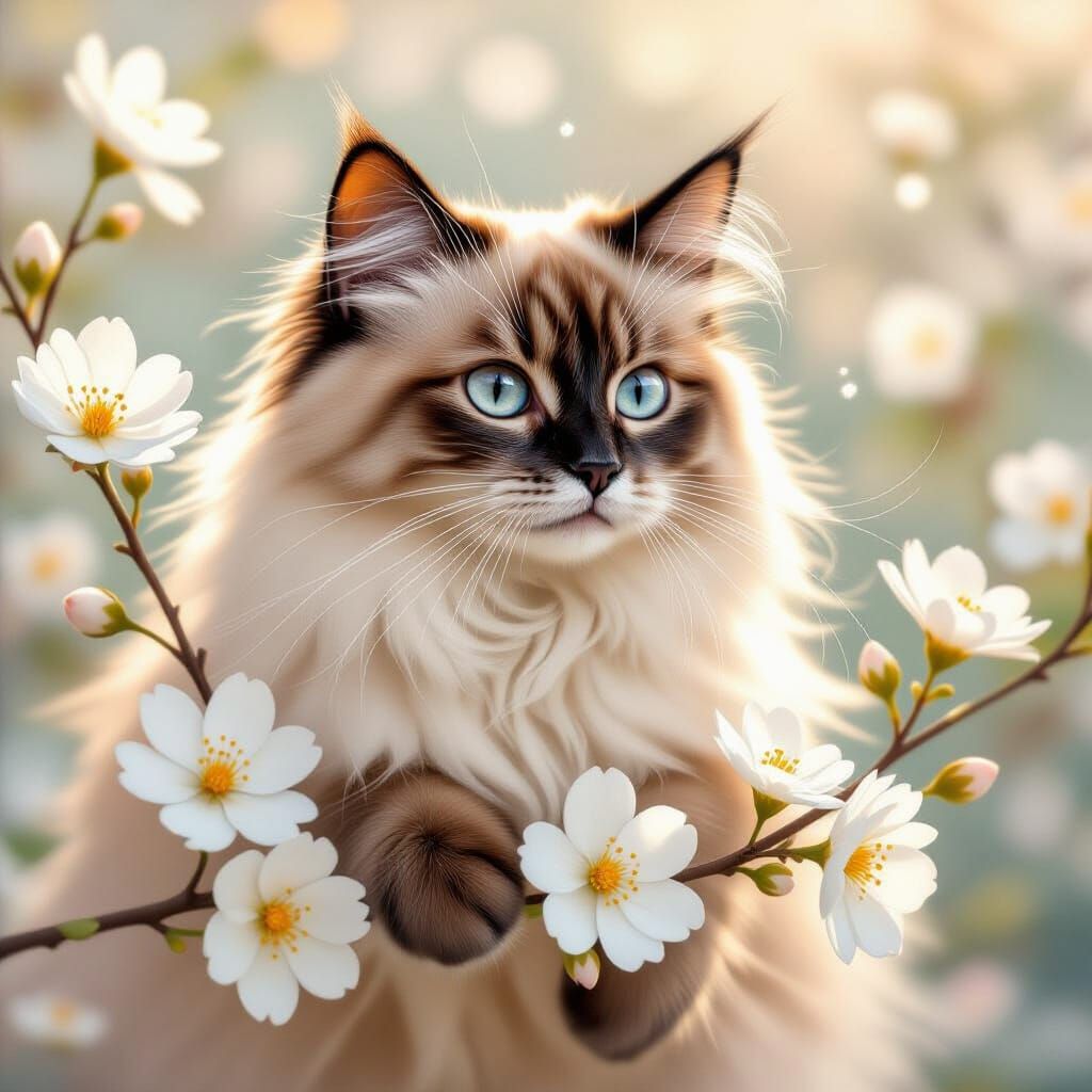 Burmese Cat Among Flowers in Ethereal Watercolor Style