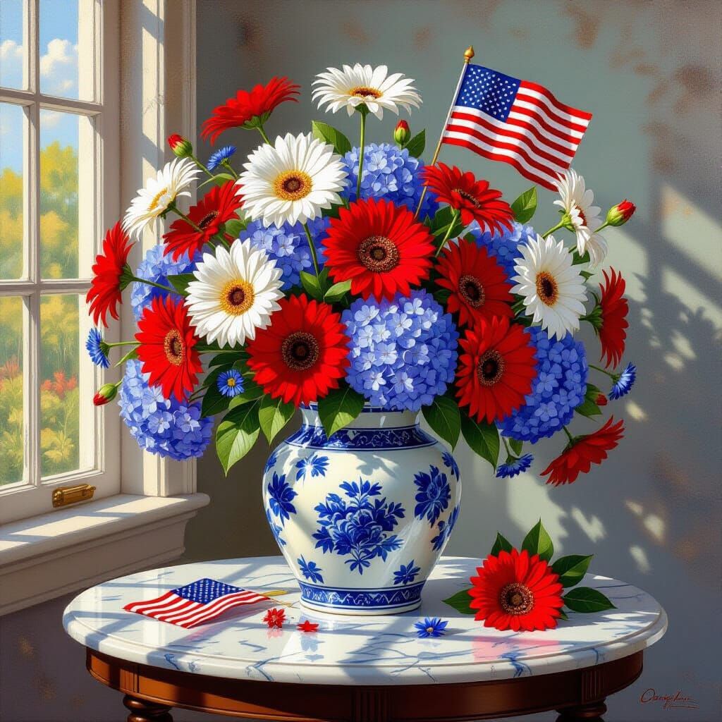 Floral Still Life with Flag in Oil Painting Style