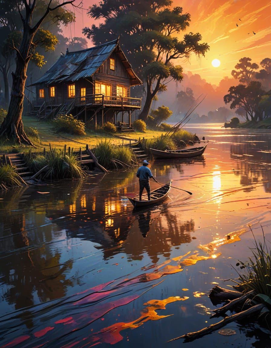 Warm sunset. serene river, house, boat