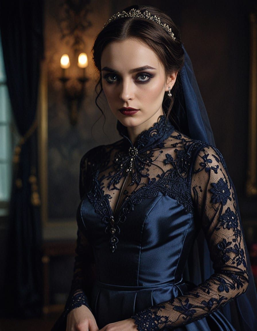 Gothic Bride in Luxurious Satin Dress with Dramatic Eye Make...