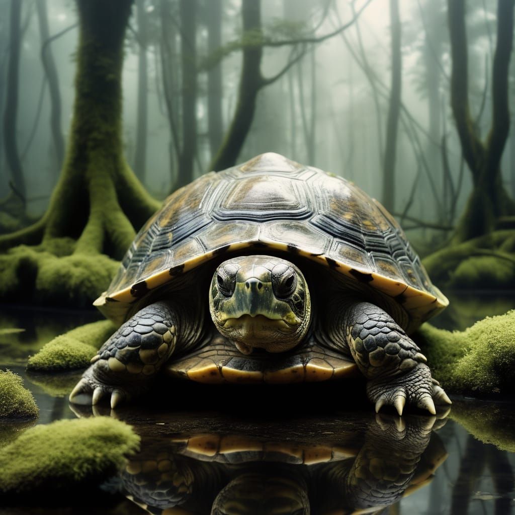 Ancient Swamp Turtle With Trees on Shell