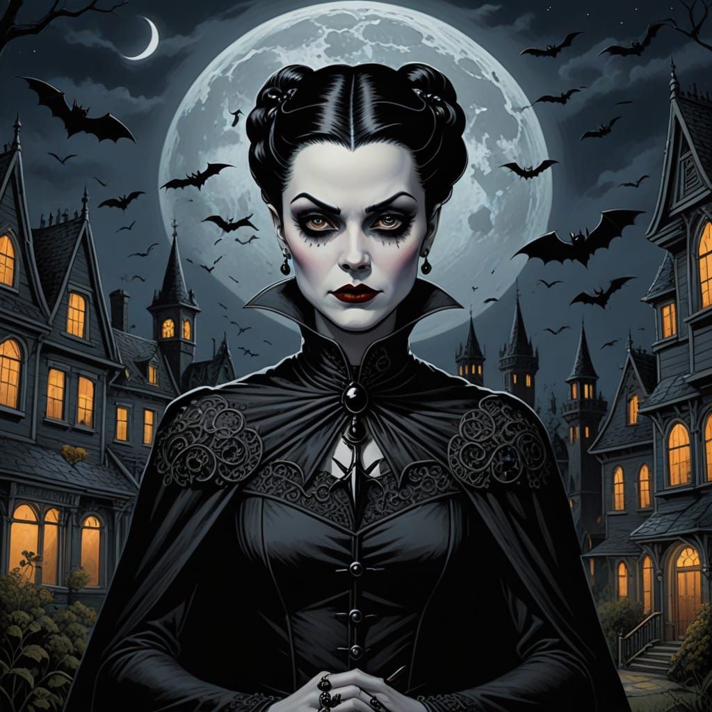 Gothic Vampiress Wields Dark, Ornate Shield in Midnight Sky