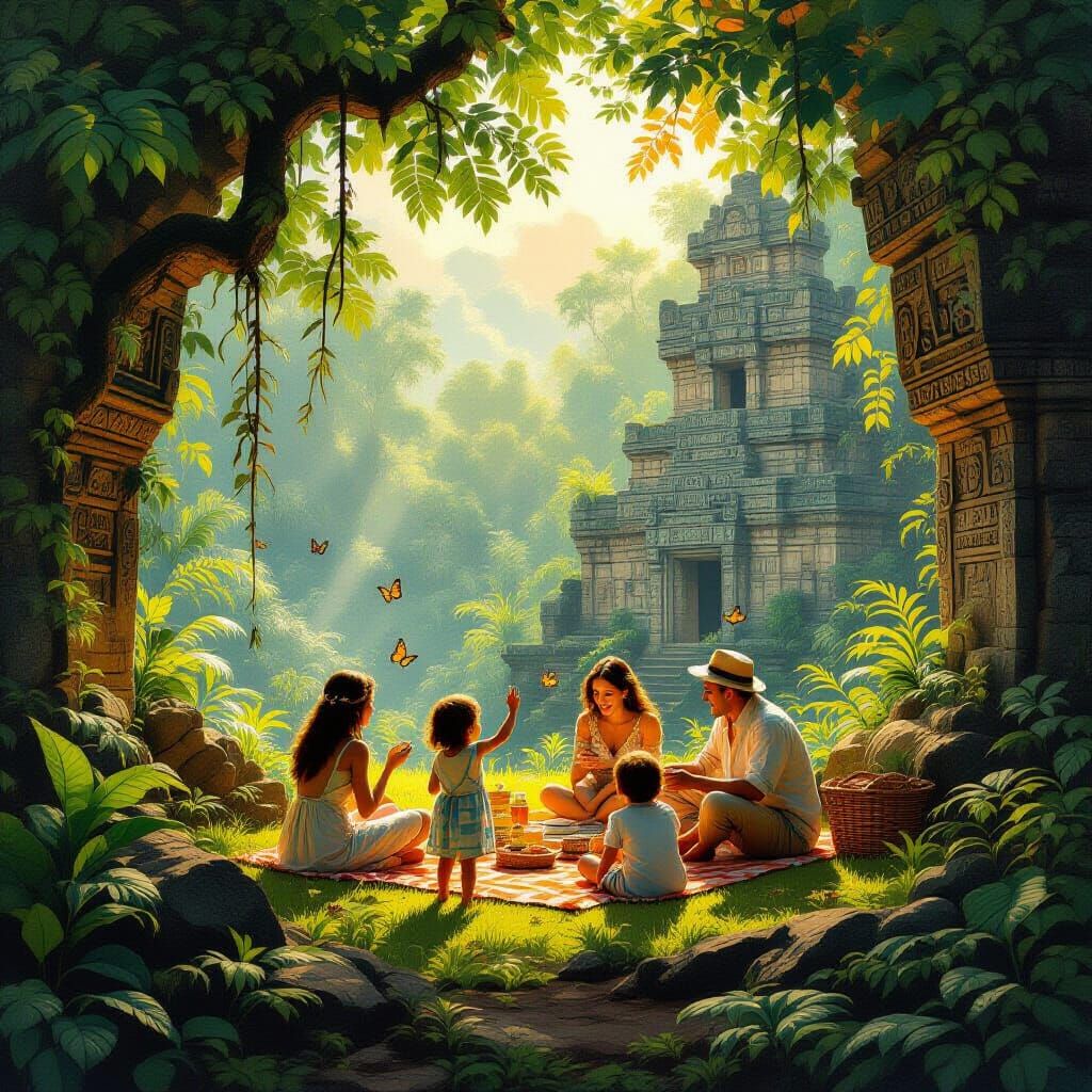 Family Picnic in Majestic Mayan Ruins, Art Nouveau Style