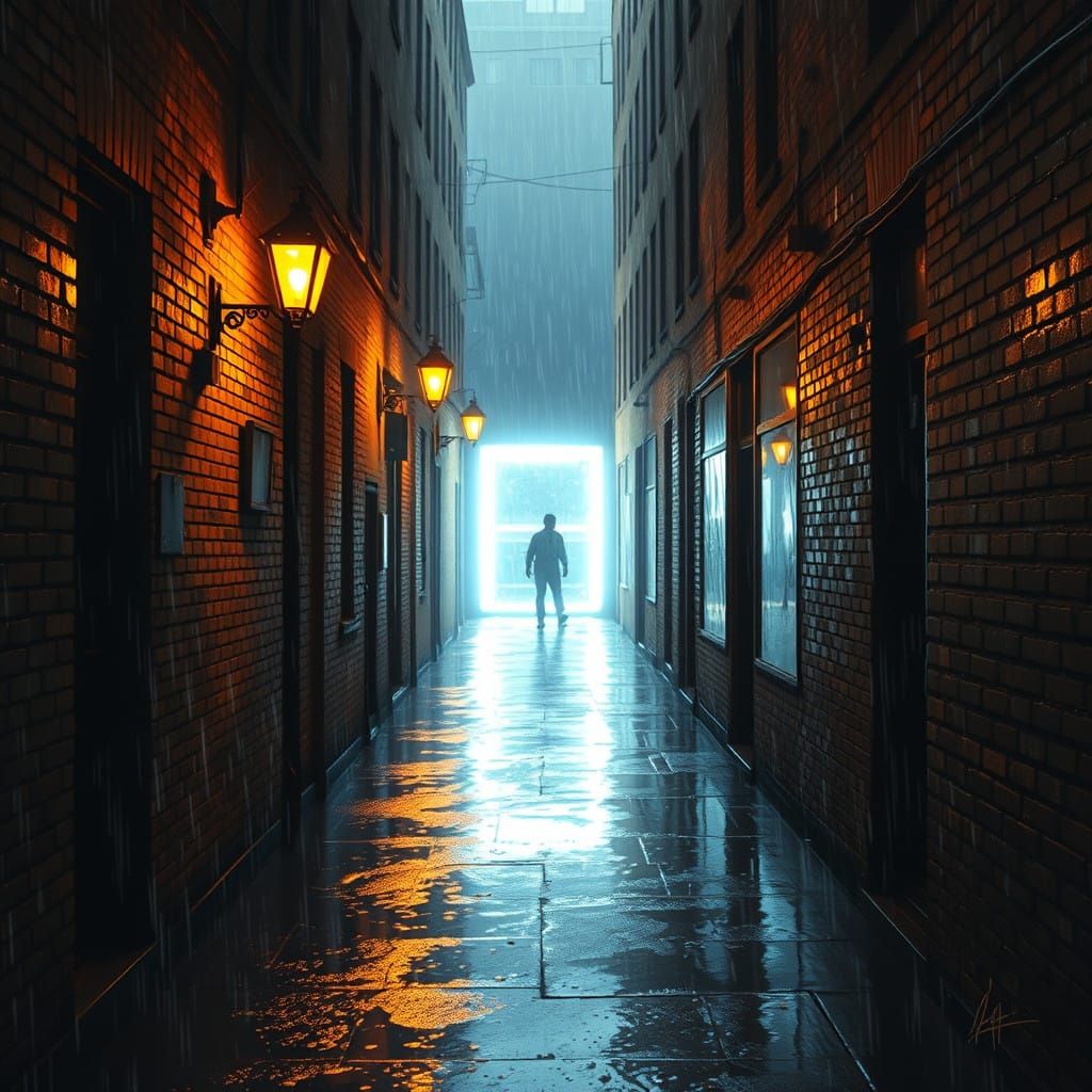 Gritty City Alleyway with Iridescent Portal