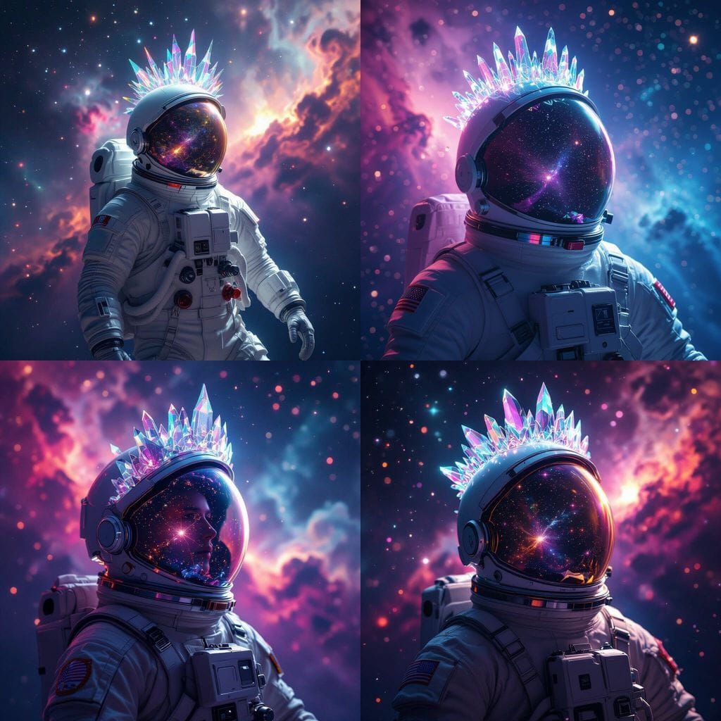 Astronaut with Crystal Crown in Cosmic Nebula