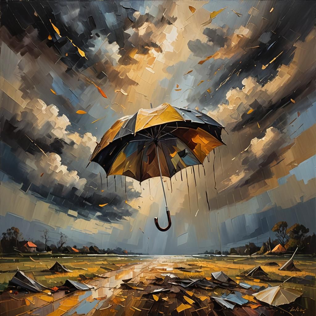 Umbrella Flying in Wind, Impasto Oil Painting