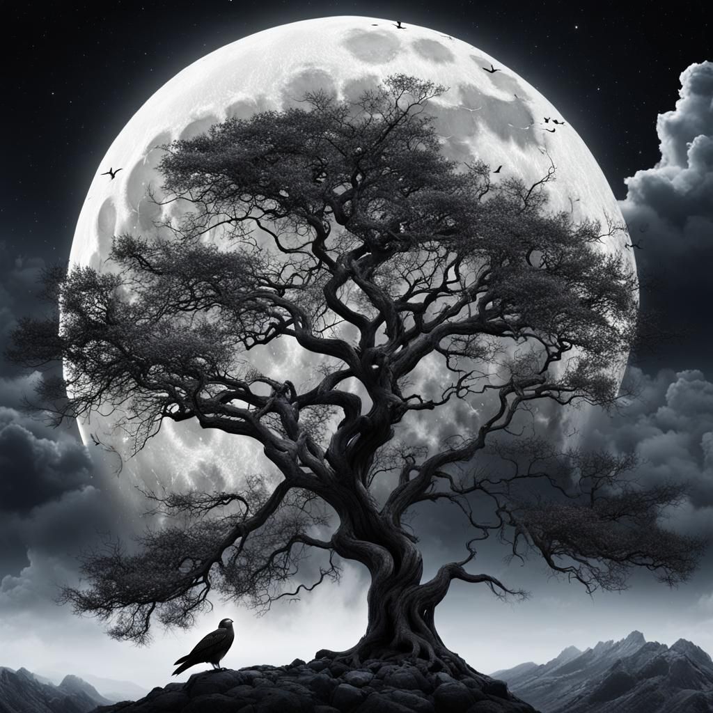 Dramatic Black Tree Silhouette with Falcon