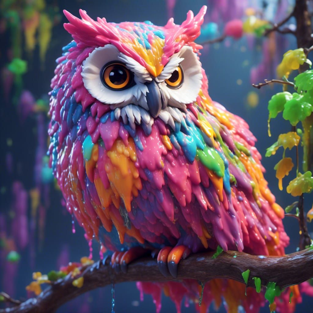 Cute Colorful Slimy Owl on Branch