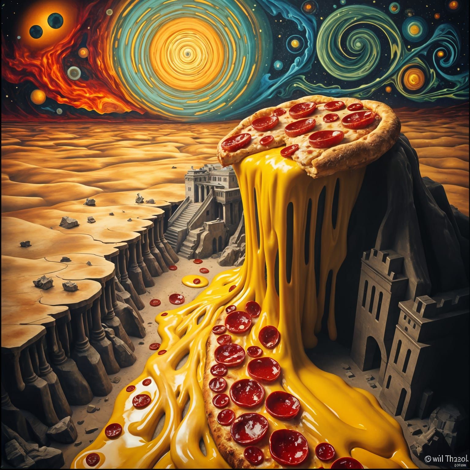 Surreal Melting Pizza Dreamscape in Dalí Style
